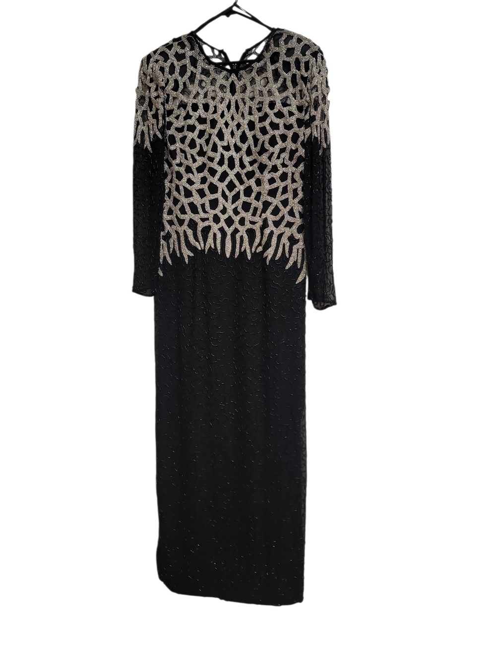 90s Silk Heavily Beaded Elegant Black Silver Evening Gown Cutwork Bodice M L